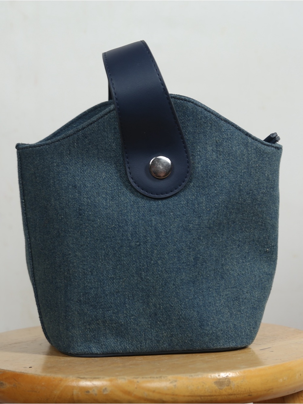 Blue Denim Tote Bag with Navy Leather Strap